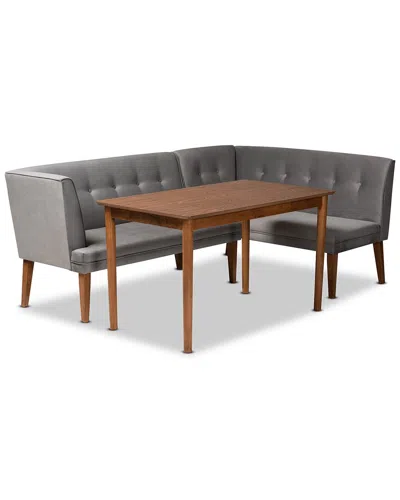 Baxton Studio Stewart Mid-century Modern Velvet Upholstered 3pc Dining Nook Set In Grey