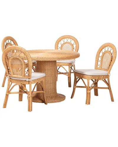 Baxton Studio Walker 5pc Natural Rattan Dining Set With Round Pedestal Table & 4 Curved Back Chairs In Brown