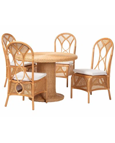 Baxton Studio Wallis 5pc Natural Rattan Dining Set With Round Pedestal Table & 4 Chairs In Brown