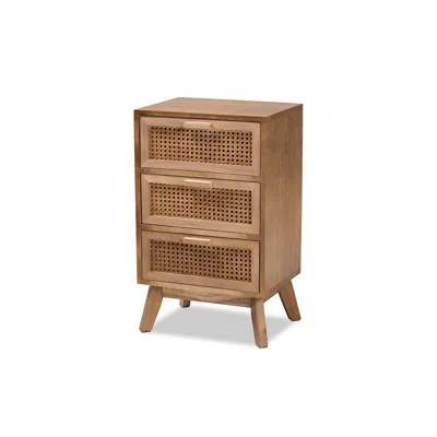 Baxton Studio Walnut Brown Finished Wood 3-drawer End Table With Rattan In Natural Brown,walnut Brown