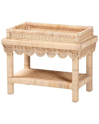 Baxton Studio Weyman Scalloped Rattan End Table With Removable Tray Top In Pink