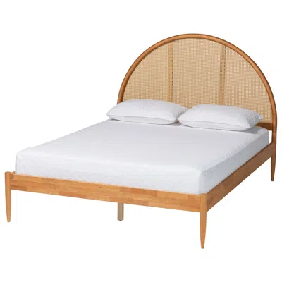 Baxton Studio Wrenley Japandi Oak Brown Wood Queen Bed With Antique Rattan