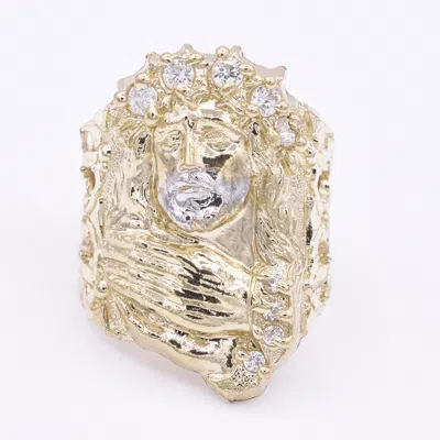 Pre-owned Bayam 1 1/4" Huge Jesus Praying Hand Two-tone Cz Ring Solid 10k Yellow White Gold In White/colorless