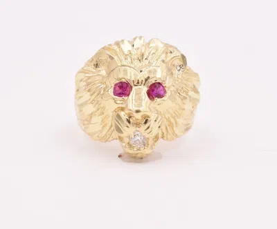 Pre-owned Bayam Men's Big Lion Head Ring Ruby Eyes & Cz Real Solid 10k Yellow Gold Size 11