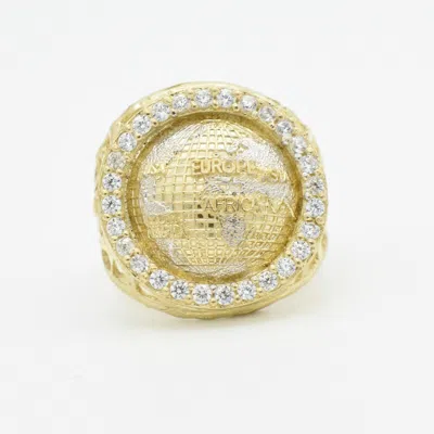 Pre-owned Bayam Men's Cz Bordered Large Textured World Ring Real Solid 10k Yellow White Gold In White/colorless