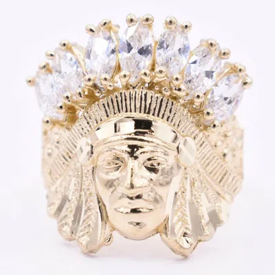 Pre-owned Bayam Men's Native American Indian Head All White Cz Solid 10k Yellow Gold All Sizes In White/colorless