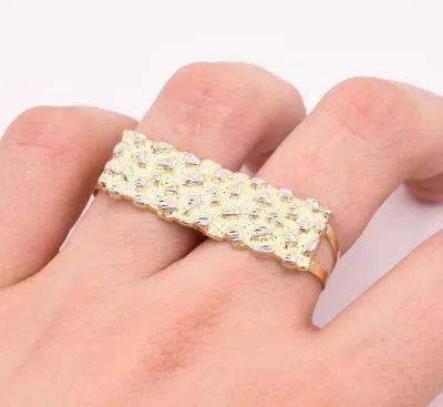 Pre-owned Bayam Men's Rectangular Nugget Diamond Cut Two Finger Ring Real 10k Yellow White Gold