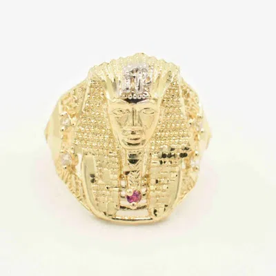 Pre-owned Bayam Men's Textured Pharaoh With Cz And Ruby Ring Real Solid 10k Yellow White Gold