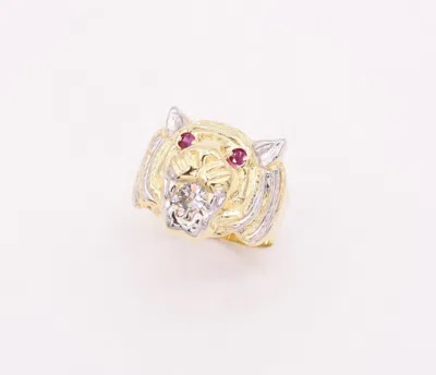 Pre-owned Bayam Men's Tiger Head Ring Ruby Eyes & Cz Real Solid 10k Yellow White Gold Size 11 In White/colorless