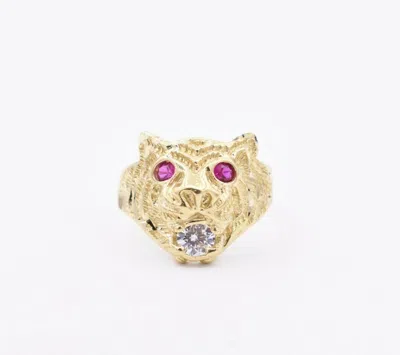 Pre-owned Bayam Men's Tiger Lion Head Ring Ruby Eyes & Cz Real Solid 10k Yellow Gold Size 10