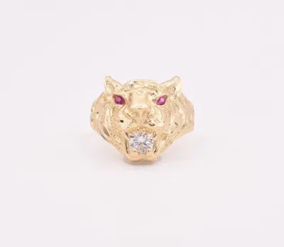Pre-owned Bayam Men's Tiger Lion Head Ring Ruby Eyes & Cz Real Solid 10k Yellow Gold Size 10 In Red