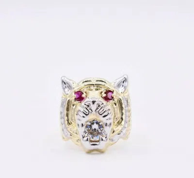 Pre-owned Bayam Men's Tiger Lion Head Ring Ruby Eyes & Cz Real Solid 10k Yellow Gold Size 11 In Red