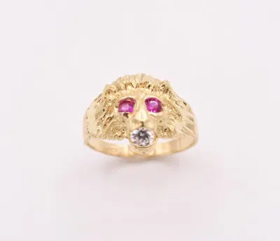 Pre-owned Bayam Men's Unisex Lion Head Ring Pink Eyes Real Solid 10k Yellow Gold Size 8