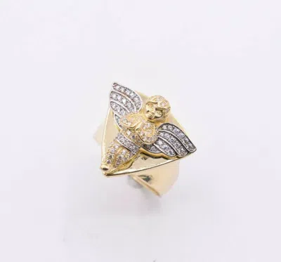 Pre-owned Bayam Mens Triangle Angel Cz Ring Real Solid 10k Yellow White Gold All Sizes