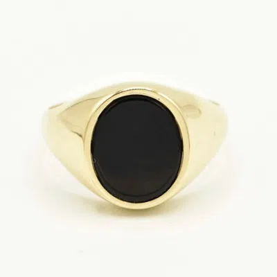 Pre-owned Bayam Oval Black Onyx Shiny Signet Ring Real Solid 10k Yellow Gold