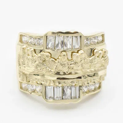Pre-owned Bayam Textured Cz Last Supper Ring Real Solid 10k Yellow Gold All Sizes