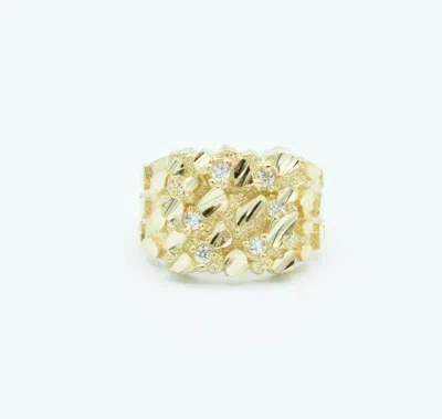 Pre-owned Bayam Unisex Large Nugget Square Ring With Cz Real Solid 10k Yellow Gold All Sizes