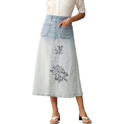 Bayeas Caius Faux Pearl & Embroidery Detail Ombré Denim Skirt In Blue