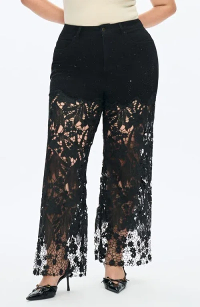 Bayeas Crystal Embellished Lace Wide Leg Jeans In Black