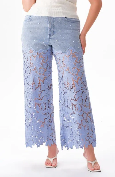 Bayeas Crystal Embellished Lace Wide Leg Jeans In Clearstrand