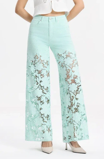 Bayeas Crystal Embellished Lace Wide Leg Jeans In Green