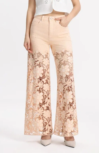 Bayeas Crystal Embellished Lace Wide Leg Jeans In Neutral