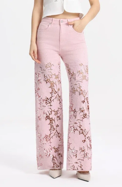 Bayeas Crystal Embellished Lace Wide Leg Jeans In Pink
