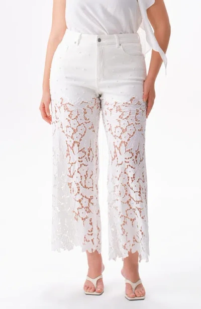 Bayeas Crystal Embellished Lace Wide Leg Jeans In Snowfeather