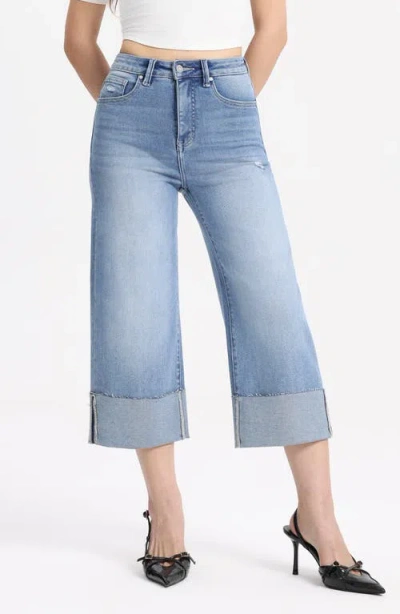 Bayeas Cuffed Raw Hem High Waist Crop High Waist Wide Leg Jeans In Blue