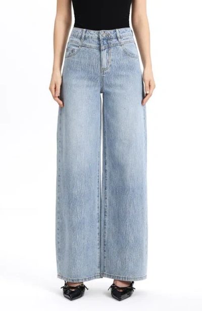 Bayeas Embellished Textured High Waist Wide Leg Jeans In Blue