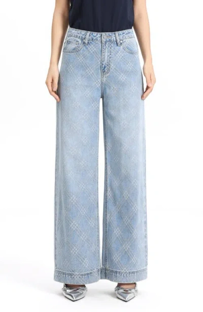 Bayeas Embellished Textured Plaid High Waist Wide Leg Jeans In Blue