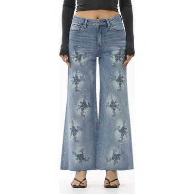 Bayeas Embroidered Beaded Wide Leg Jeans In Blue