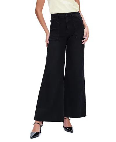 Bayeas Embroidered High Rise Wide Leg Raw Hem Denim Jeans In Black Rock