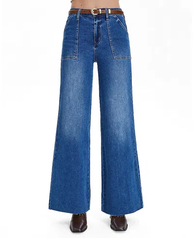 Bayeas Embroidered High Rise Wide Leg Raw Hem Denim Jeans In Dark Indigo In Blue