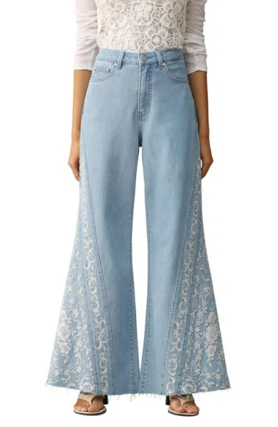 Bayeas Embroidered High Waist Raw Hem Flare Jeans In Blue