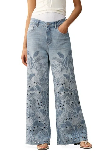 Bayeas Embroidered High Waist Wide Leg Jeans In Blue