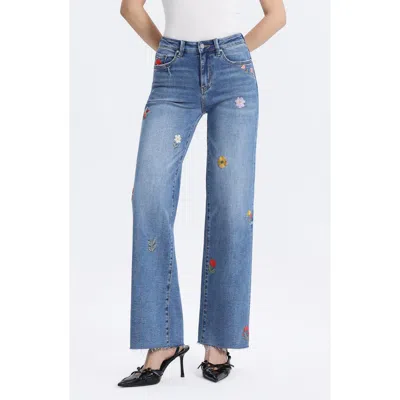 Bayeas Embroidered Raw Hem Mid Rise Wide Leg Jeans In Blue