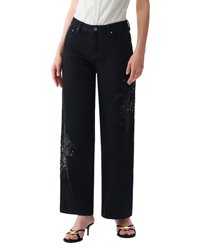 Bayeas Floral Cutout Embroidered High Rise Wide Leg Denim Jeans In Black In Red