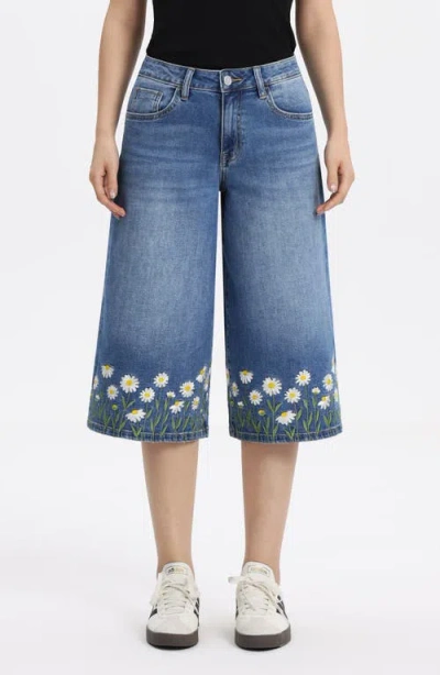 Bayeas Floral Embroidered High Waist Bermuda Denim Shorts In Blue