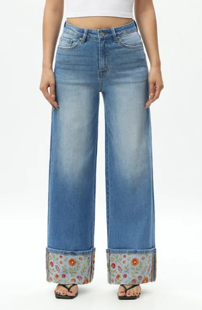 Bayeas Floral Embroidered High Waist Cuffed Wide Leg Jeans In Blue
