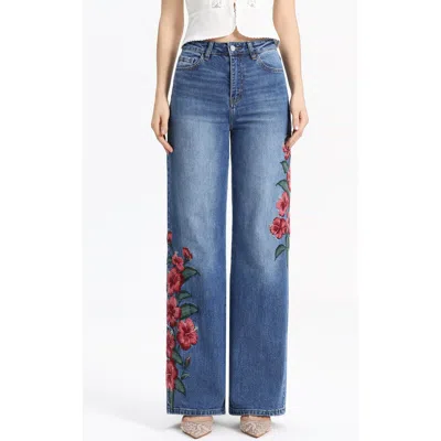 Bayeas Floral Embroidered High Waist Straight Leg Jeans In Blue