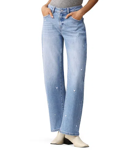 Bayeas Floral Embroidered Mid Rise Barrel Denim Jeans In Medium Blue