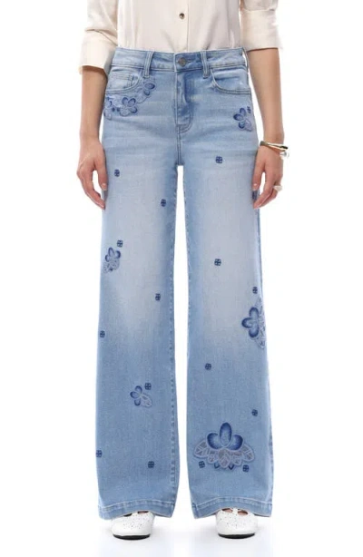Bayeas Floral Embroidered Mid Rise Wide Leg Jeans In Blue