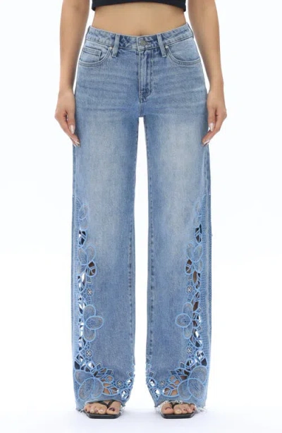 Bayeas Floral Embroidered Raw Hem Wide Leg Jeans In Blue