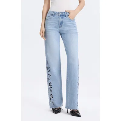 Bayeas Floral Raw Hem Straight Leg Jeans In Blue