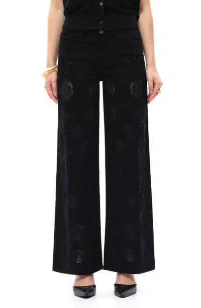Bayeas Floral Studded Mid Rise Wide Leg Jeans In Black