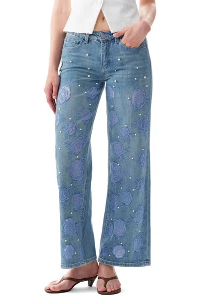 Bayeas Floral Studded Mid Rise Wide Leg Jeans In Blue