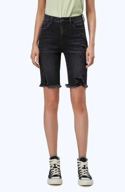 Bayeas Frayed High Waist Knee Length Denim Shorts In Black
