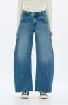 Bayeas Frayed Mid Rise Drop Crotch Barrel Jeans In Blue