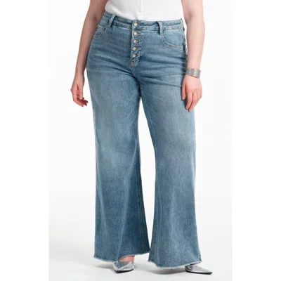 Bayeas Frayed Mid Rise Wide Leg Jeans In Blue